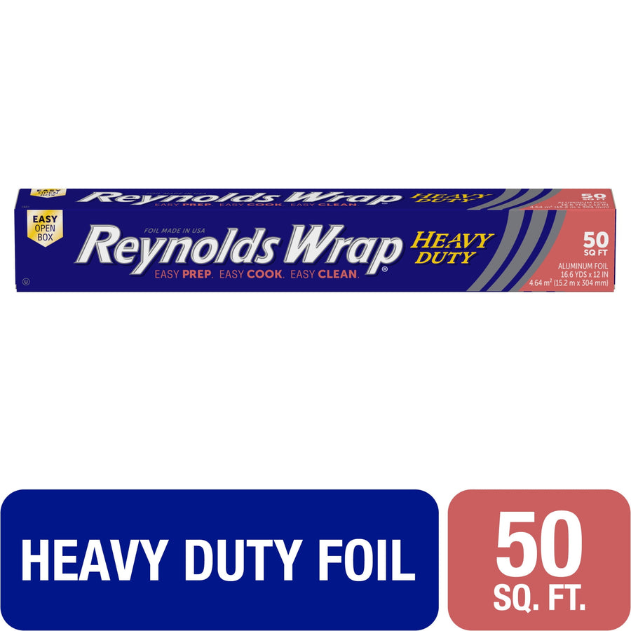 Reynolds Wrap Heavy Duty aluminum foil blue and red box with visible 50 sq. ft. callout on white background
