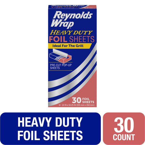 Front-facing product box of Reynolds Wrap Heavy Duty foil sheets with bold branding and '30 foil sheets' callout.