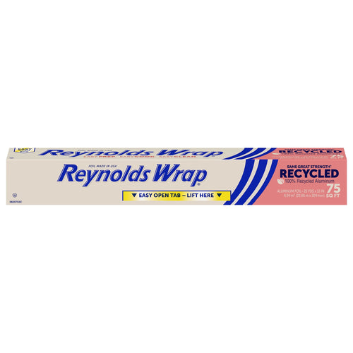 Single Reynolds Wrap recycled aluminum foil box shown on a white background with brand logo and recycled label