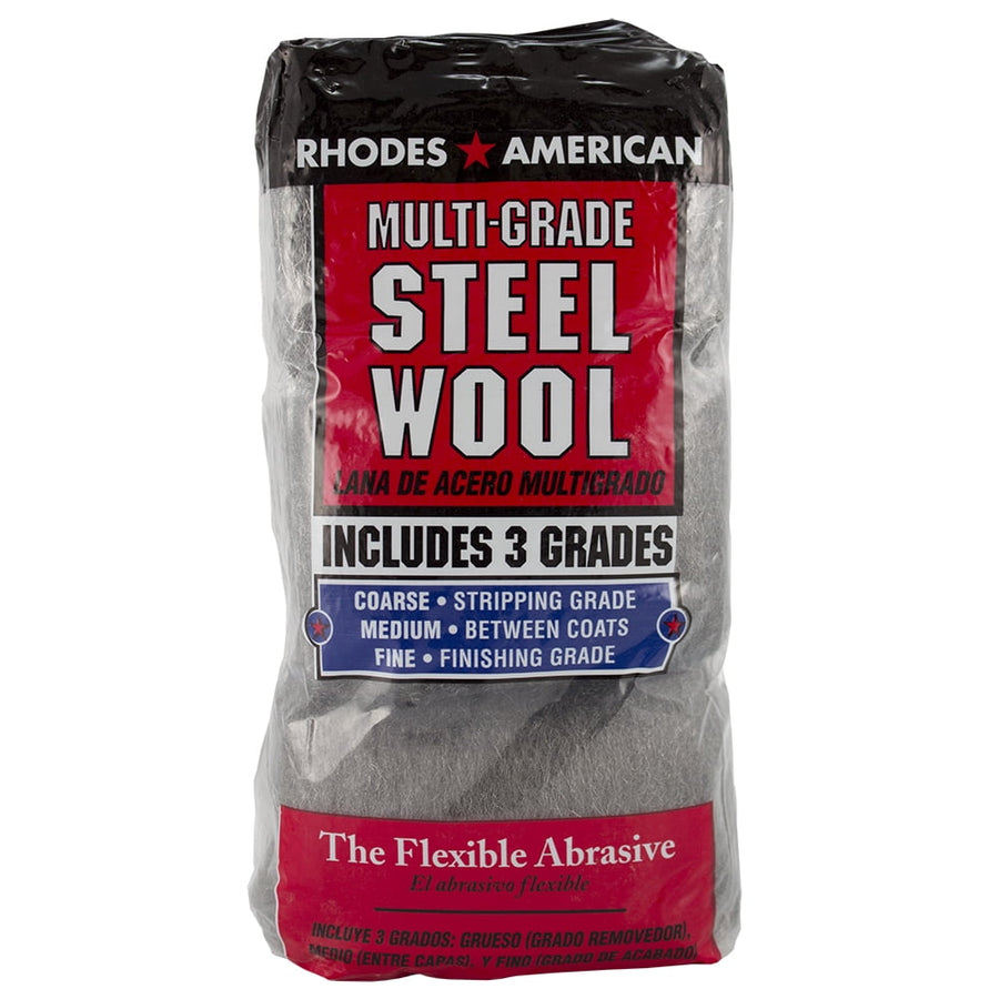 Packaged Rhodes American multi-grade steel wool bundle with red label reading “Steel Wool” and includes 3 grades