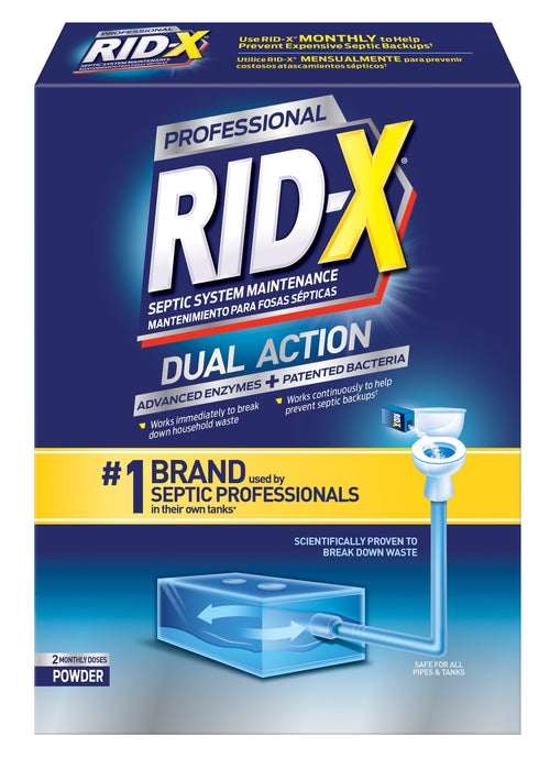 Close-up product packaging of RID-X Dual Action septic system maintenance powder with brand logo