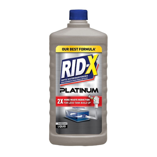 Front-facing bottle of RID-X Platinum septic system maintenance liquid with blue cap and label.