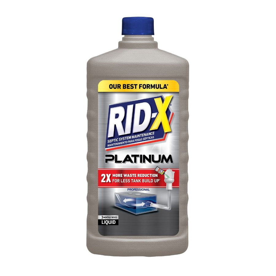 Front-facing bottle of RID-X Platinum septic system maintenance liquid with blue cap and label.