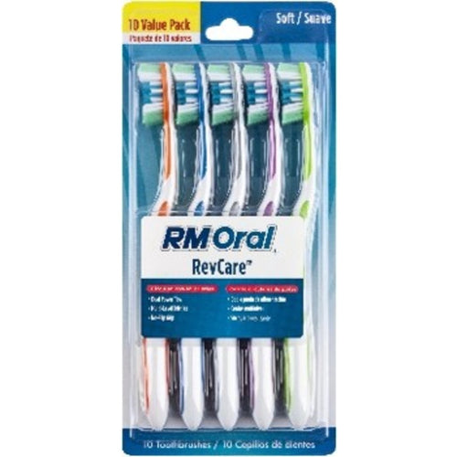 Blister pack of RM Oral RevCare toothbrushes showing multiple colored-handled soft brushes in clear plastic packaging