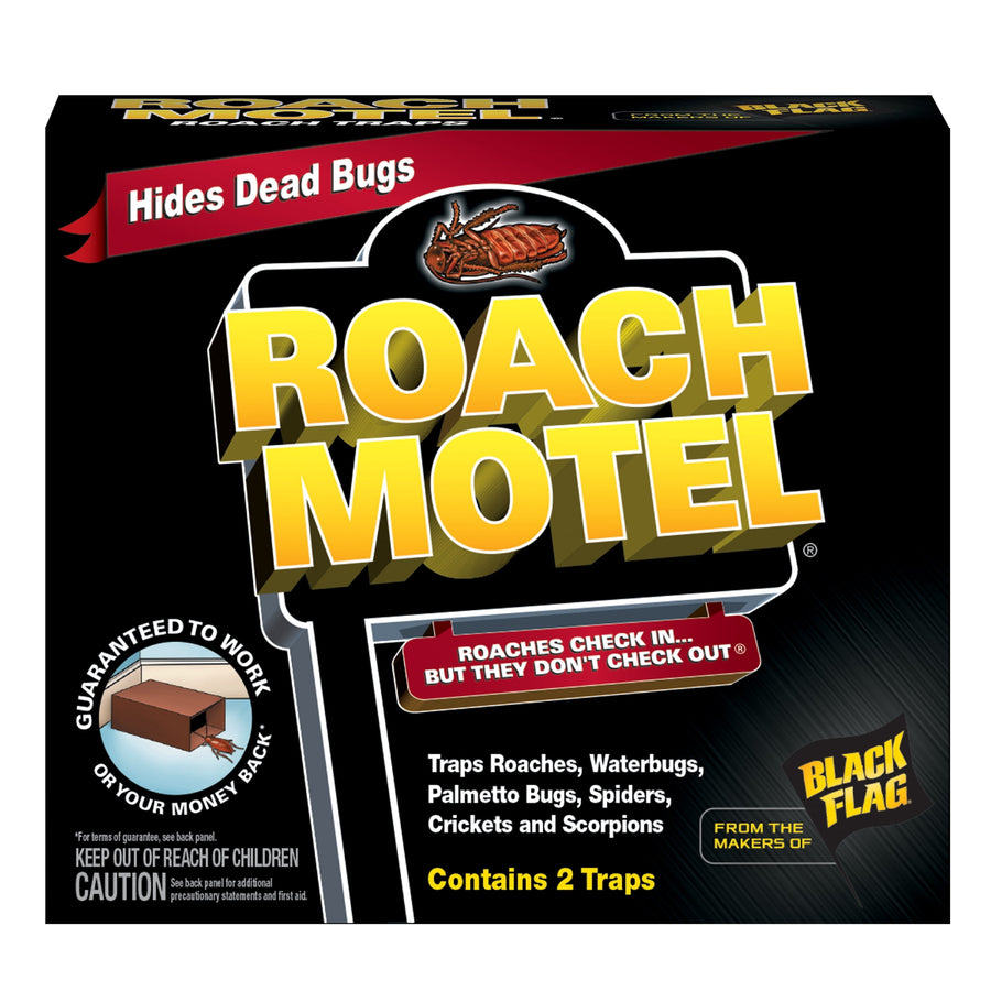 Close-up front-facing Roach Motel product box with bold yellow logo and black background.