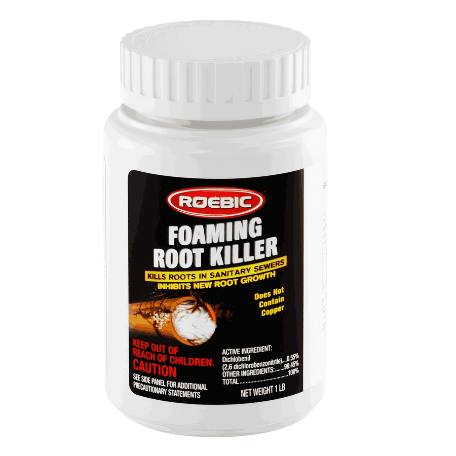 White plastic bottle labeled Roebic Foaming Root Killer with black product label and child safety cap on white background.