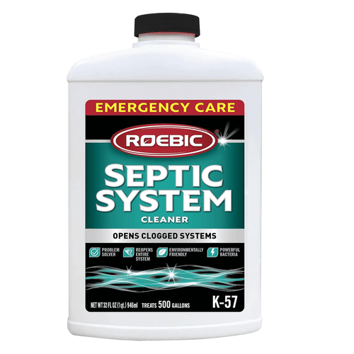 White plastic jug of Roebic K-57 Septic System Cleaner with green label and black cap on white background
