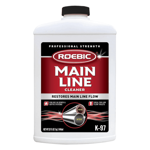 White bottle of Roebic Main Line cleaner with red and black label reading 'Main Line' and K-97 code