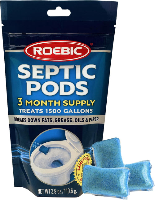 Roebic branded resealable pouch labeled “Septic Pods” with three dissolvable blue pods arranged at the base