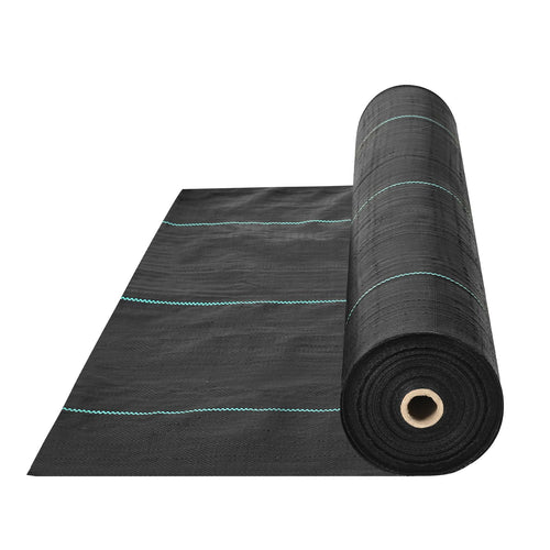Rolled black woven landscape fabric with turquoise guide stitching partially unrolled on white background