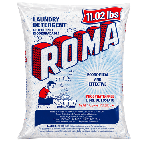 Front-facing Roma powder laundry detergent bag with large ROMA logo and 11.02 lbs callout