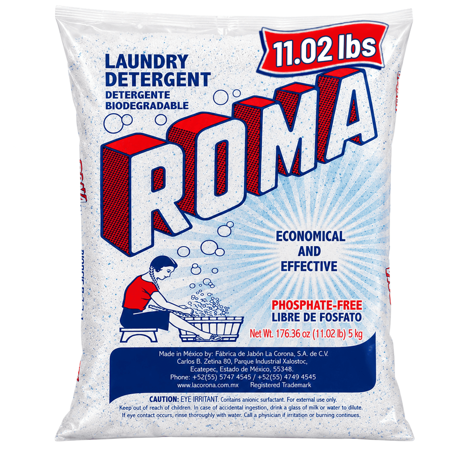 Front-facing Roma powder laundry detergent bag with large ROMA logo and 11.02 lbs callout