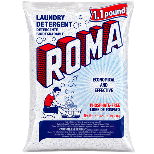 Front-pack photo of ROMA powdered laundry detergent bag with bold logo and product claims