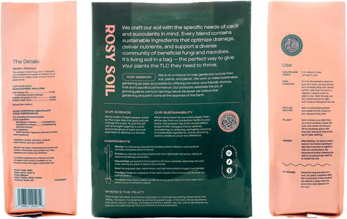 Back and side panels of a Rosy Soil bag showing ingredient and product information on dark green and pink packaging