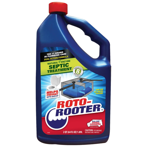 Blue Roto-Rooter plastic jug with red cap labeled Natural Enzyme Septic Treatment and ROTO-ROOTER branding
