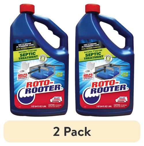 Two blue Roto-Rooter septic treatment jugs with red caps and product label, shown with a beige “2 Pack” banner below.
