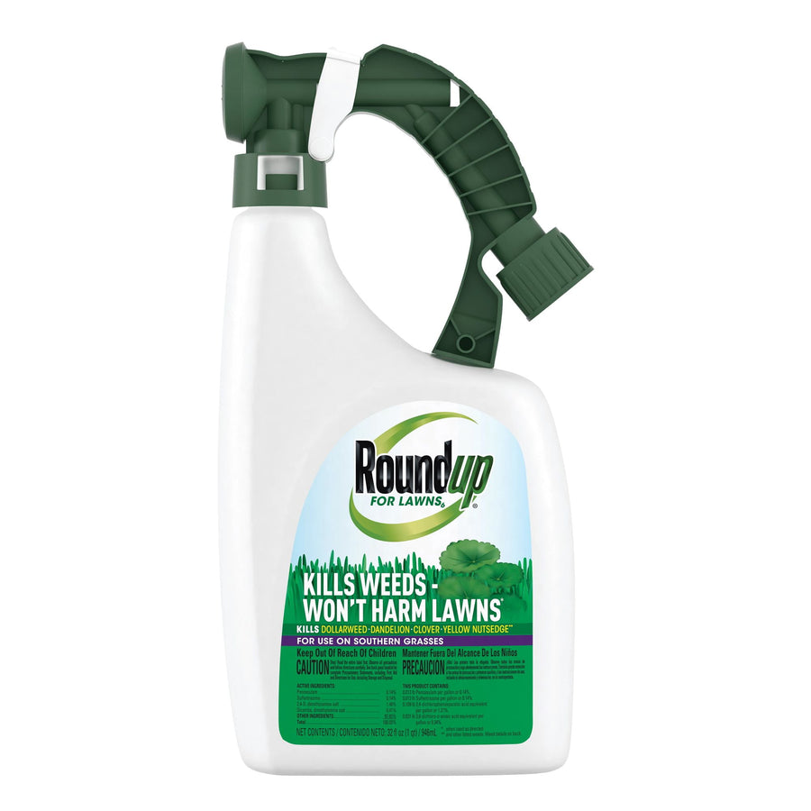 Front-facing Roundup For Lawns ready-to-spray bottle with green label reading 'Kills weeds won't harm lawns'
