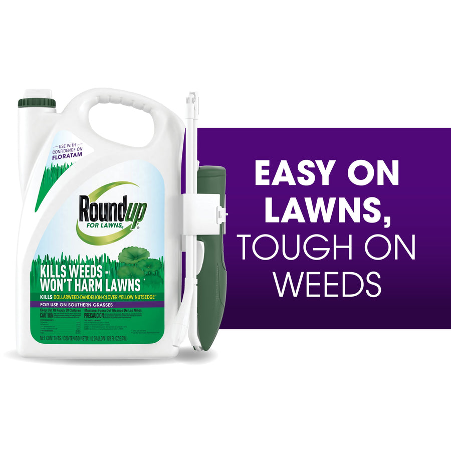 Roundup for Lawns ready-to-use 1-gallon container with attached green wand and purple panel reading 'Easy on lawns, tough on weeds'.