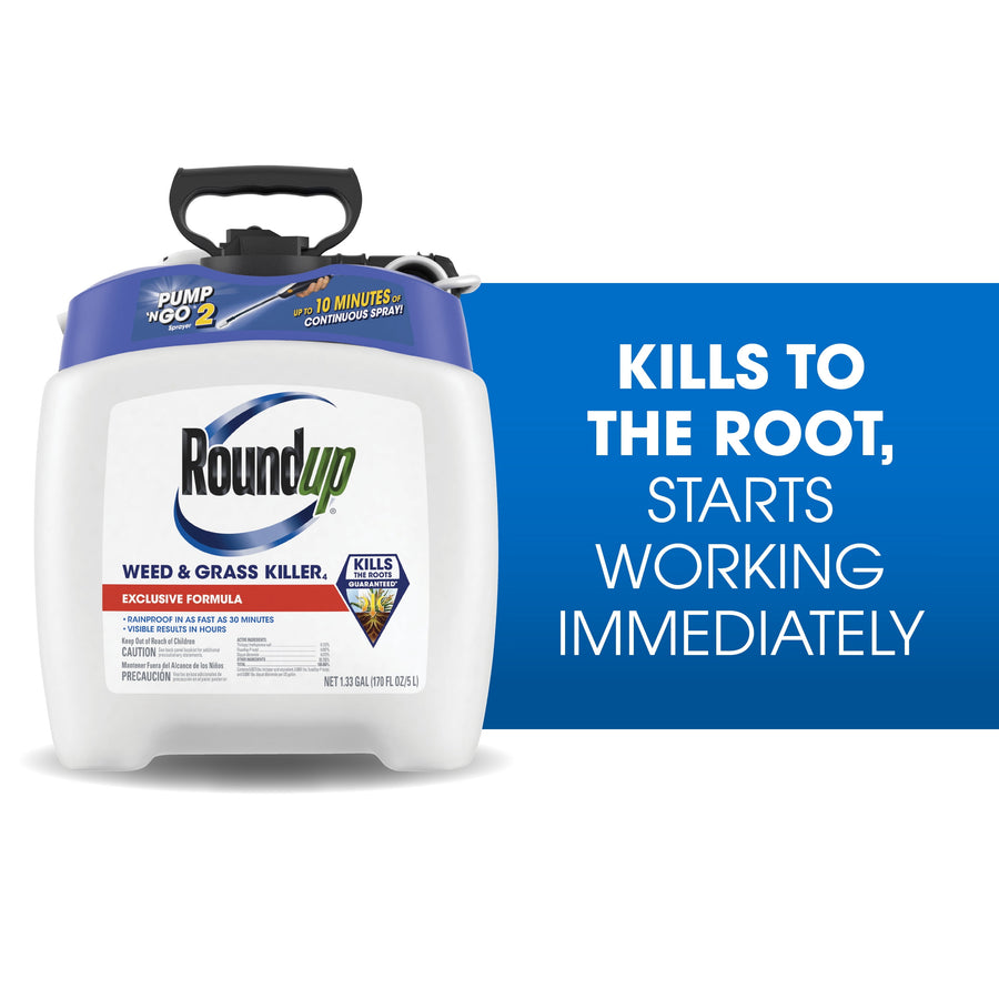 White Roundup Pump 'N Go 2 weed and grass killer sprayer unit against white and blue graphic background
