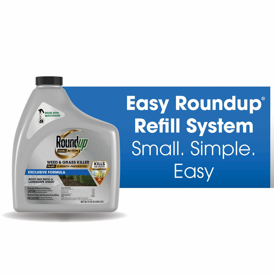 Roundup QuickHand refill bottle shown beside blue panel reading “Easy Roundup Refill System Small. Simple. Easy.”