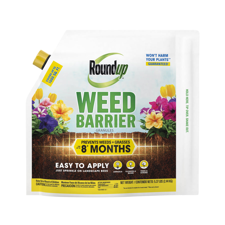 Roundup Weed Barrier granules pouch front showing logo, flowers art and 'Prevents weeds + grasses 8 months' badge