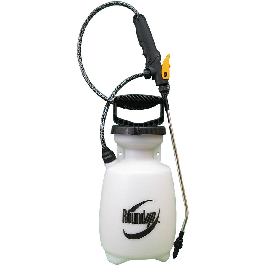White 1-gallon Roundup pump sprayer with black lid, handle and logo on bottle