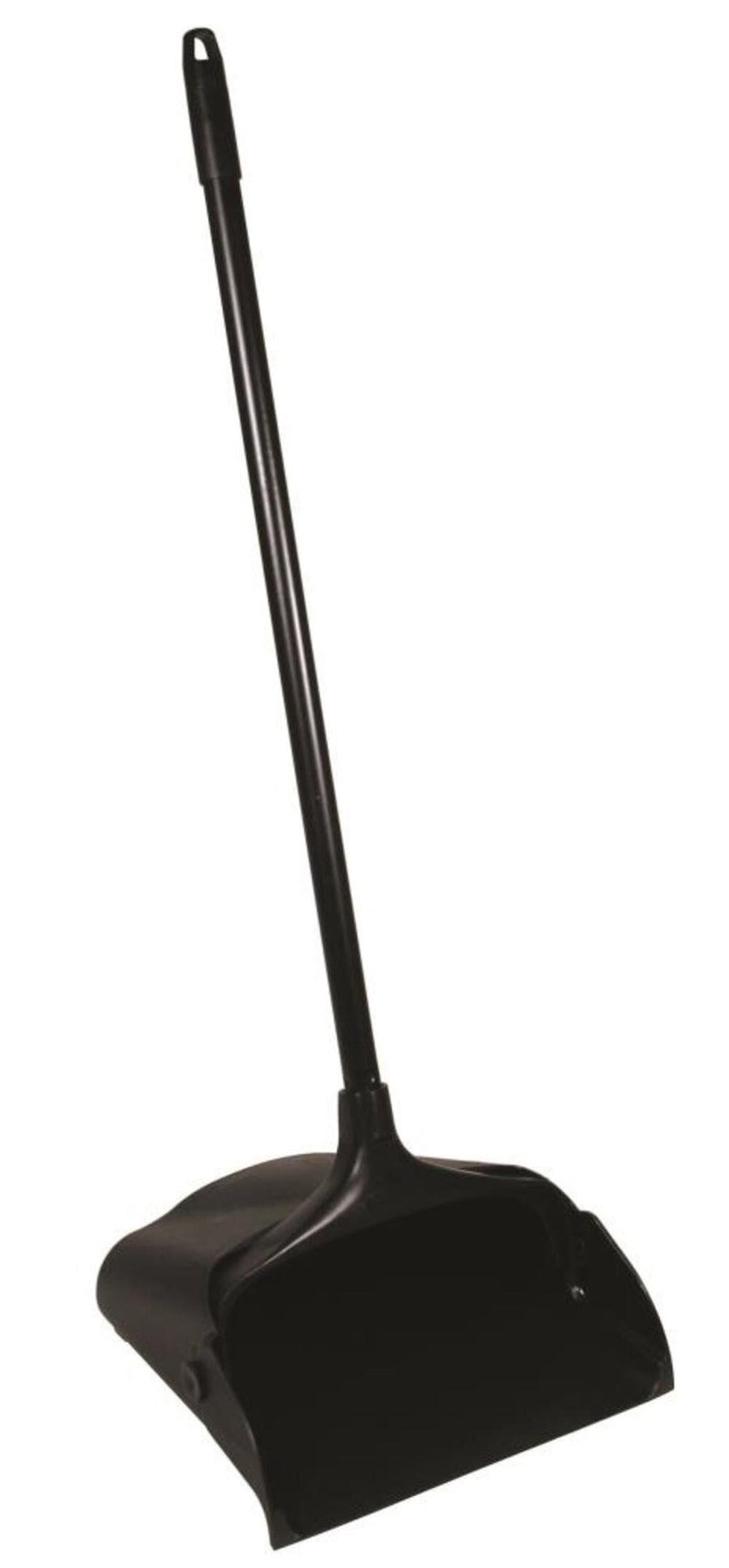 Black upright dustpan with a long metal handle and molded plastic pivoting pan, shown on white background.