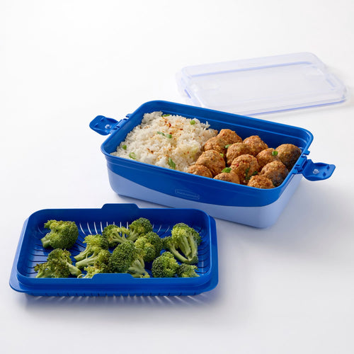 Rubbermaid blue rectangular meal prep container with removable steamer tray filled with rice and meatballs, clear lid beside it