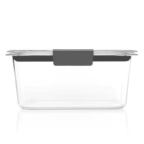 Clear rectangular Rubbermaid Brilliance storage container with gray clip-on lid viewed from the front on white background.
