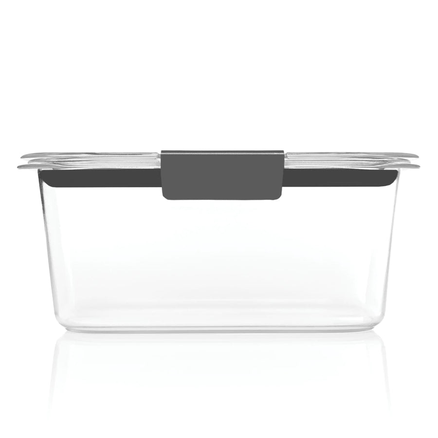 Clear rectangular Rubbermaid Brilliance storage container with gray clip-on lid viewed from the front on white background.