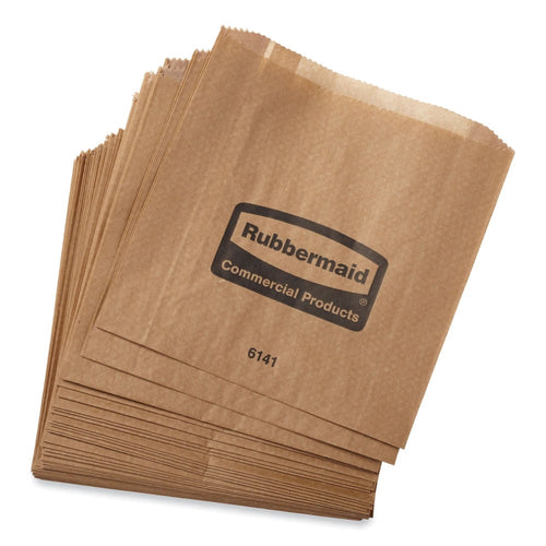 Stack of brown Rubbermaid commercial wax/sanitary bags with printed Rubbermaid Commercial Products logo and number 6141.