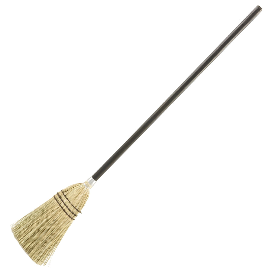 Angled full-length corn broom with a dark long handle and natural straw bristles bound by three brown bands.
