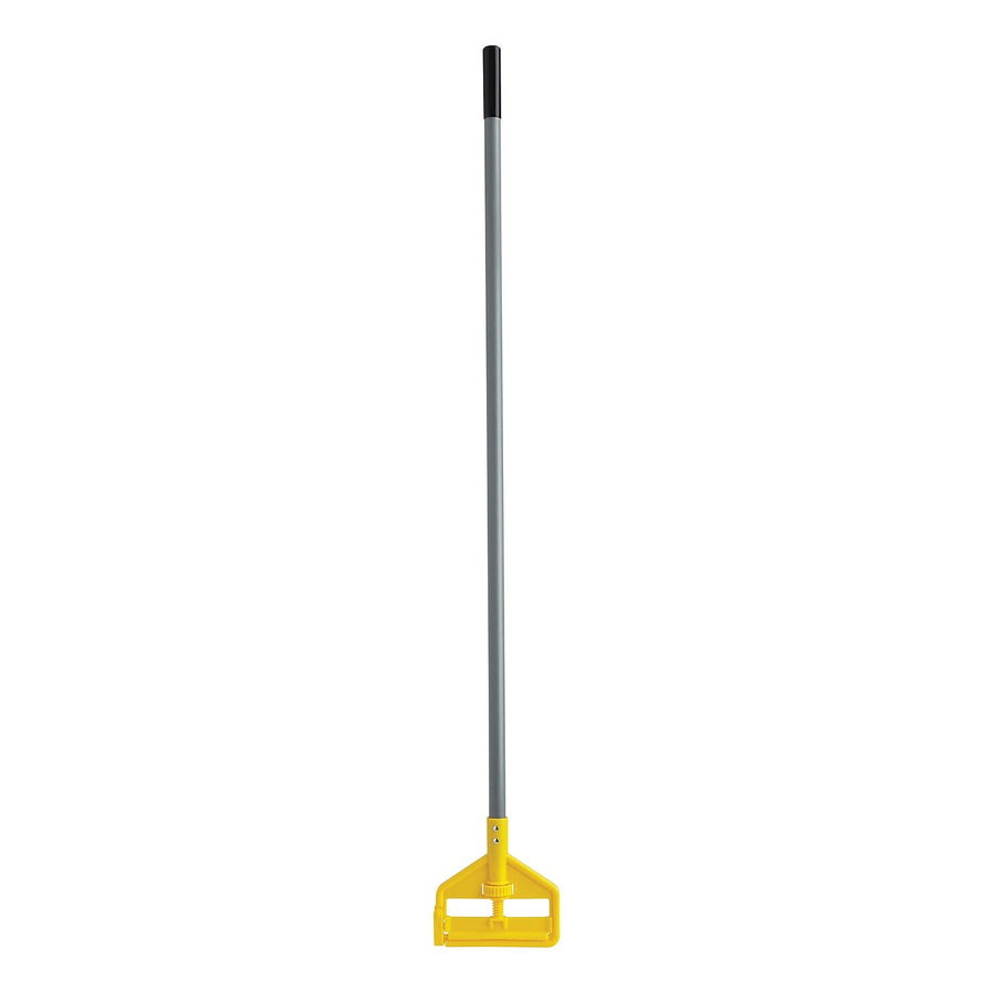 Straight-on product shot of a full-length gray fiberglass mop handle with yellow Invader head and black grip
