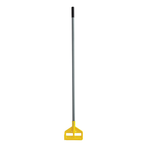 Straight-on product shot of a full-length gray fiberglass mop handle with yellow Invader head and black grip