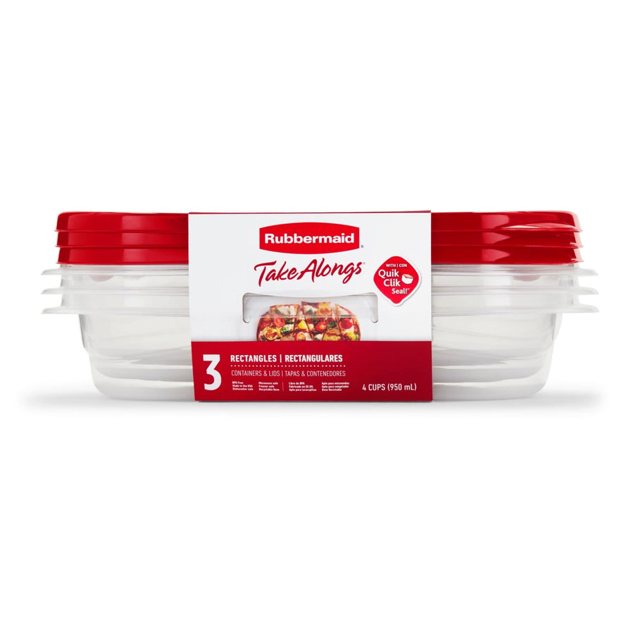 Retail pack of Rubbermaid TakeAlongs clear rectangular containers with red lids and branded band around center