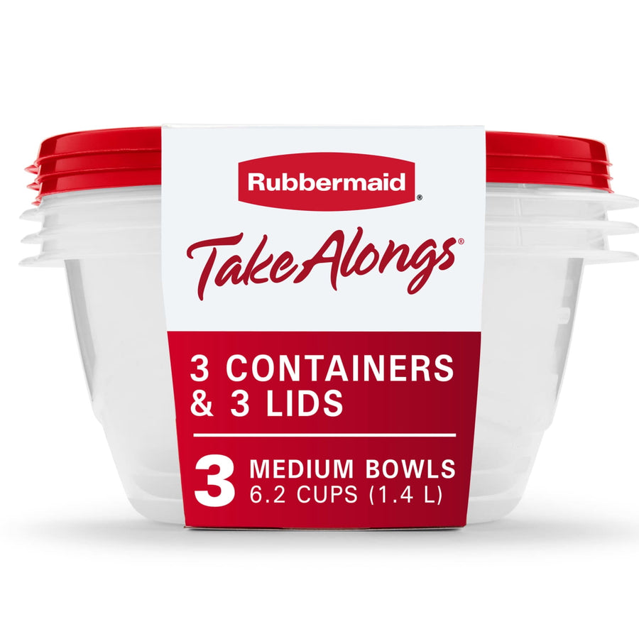 Stacked clear plastic food bowls with red lids and a Rubbermaid TakeAlongs sleeve