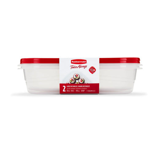 Clear rectangular Rubbermaid TakeAlongs container with red lid and retail paper sleeve label, front view