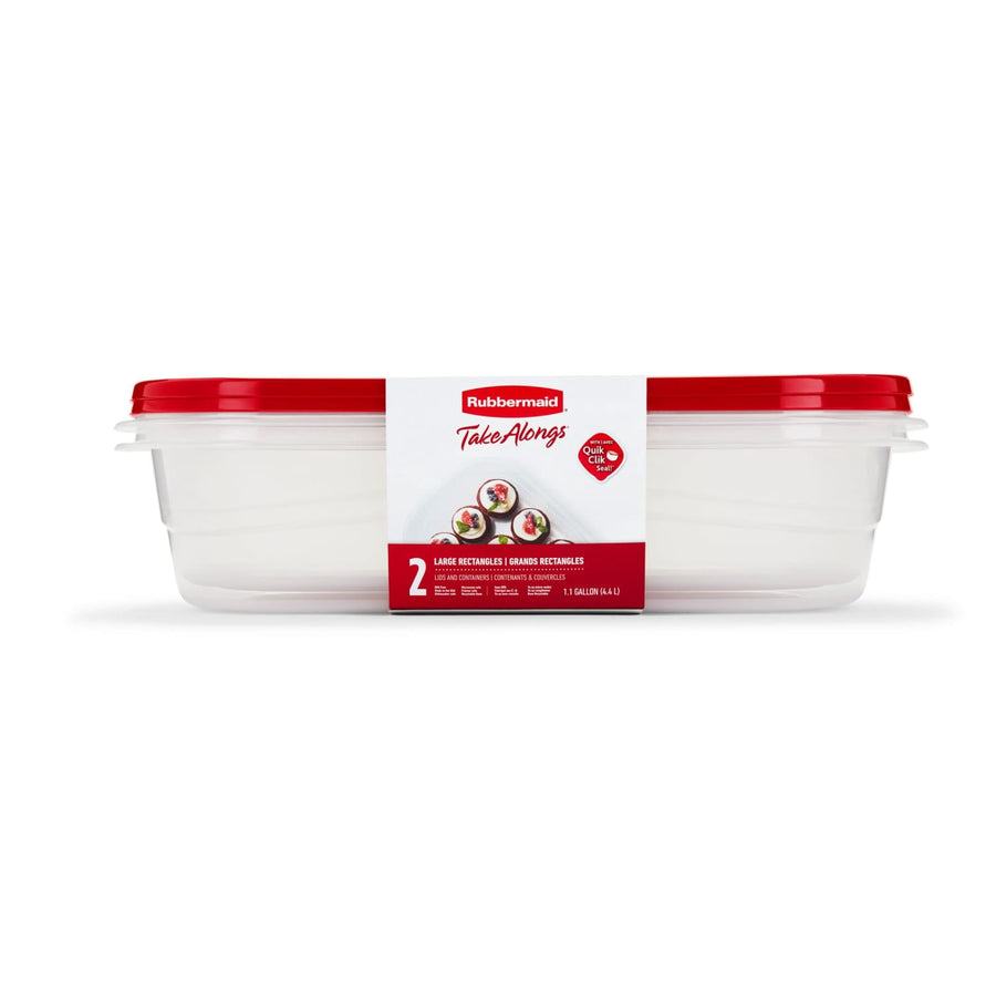 Clear rectangular Rubbermaid TakeAlongs container with red lid and retail paper sleeve label, front view