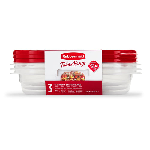 Stacked Rubbermaid TakeAlongs rectangular food storage containers with red lids and product sleeve