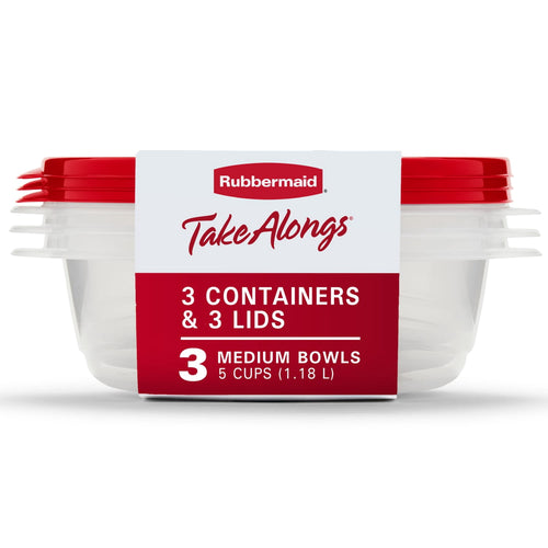 Single Rubbermaid TakeAlongs pack with clear medium bowl and red lid, front label listing '3 containers & 3 lids, 3 medium bowls'