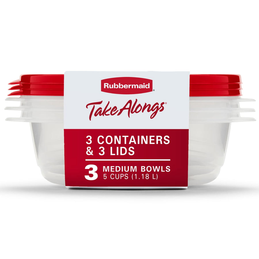 Stacked clear plastic Rubbermaid TakeAlongs medium bowls with red lids and product sleeve showing '3 containers & 3 lids'
