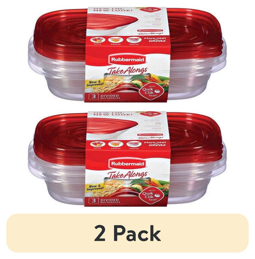 Two stacked Rubbermaid TakeAlongs divided rectangular food containers with red lids and retail sleeve