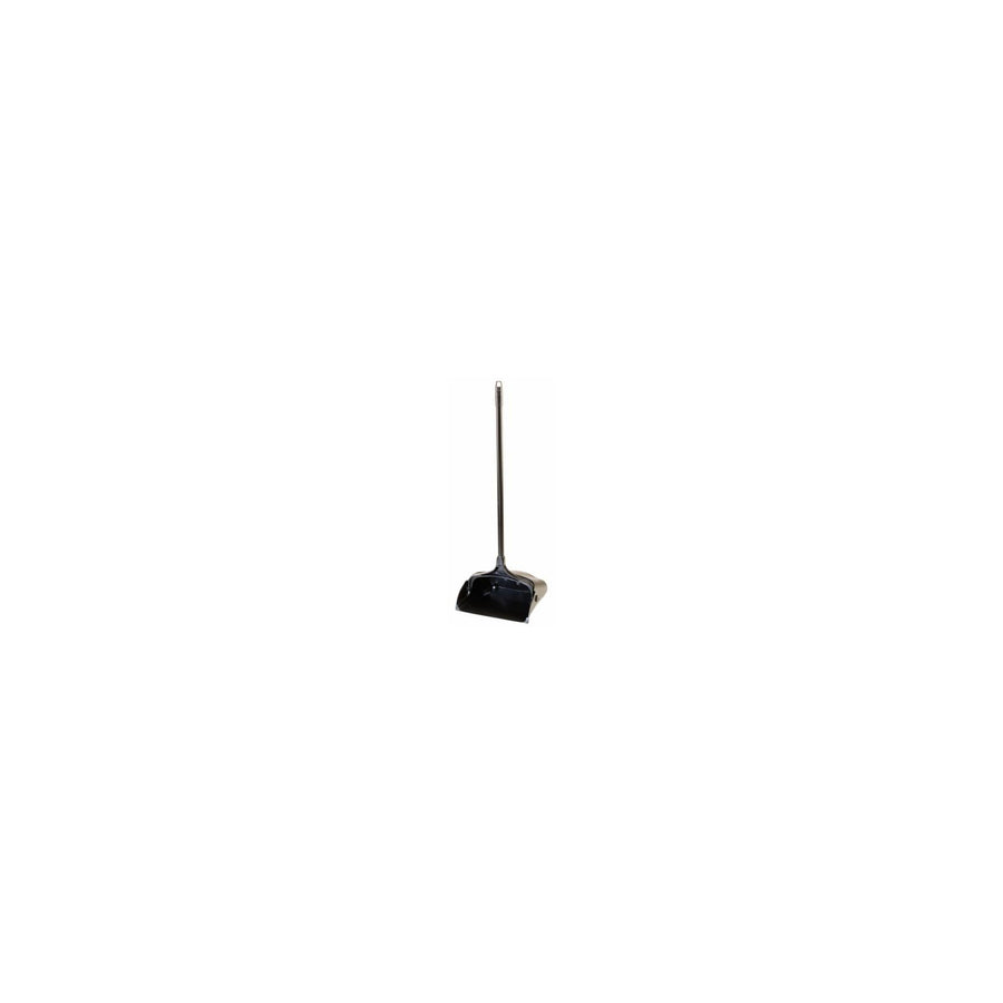 Rubbermaid black upright Lobby Pro dust pan with long handle shown on a white background.