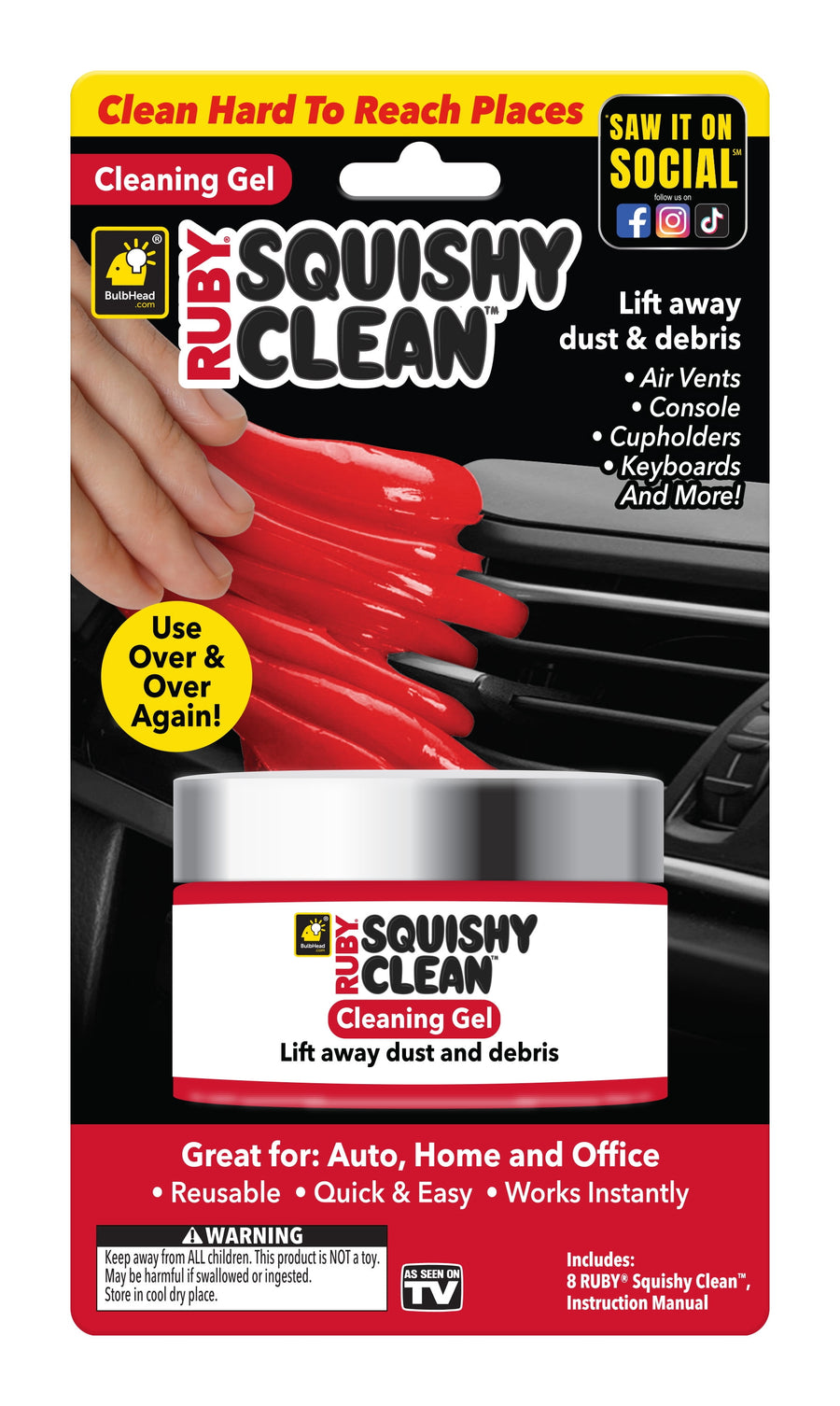 Retail blister-pack graphic showing Ruby Squishy Clean cleaning gel jar and red cleaning gel being pulled into air vent