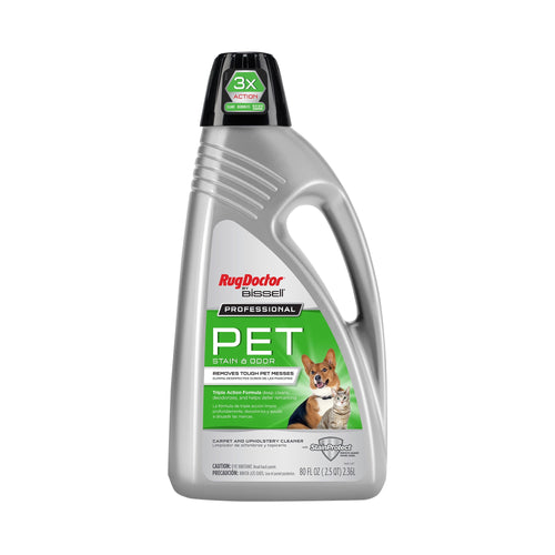 Silver Rug Doctor by Bissell PET stain and odor carpet cleaner bottle with green label, front view