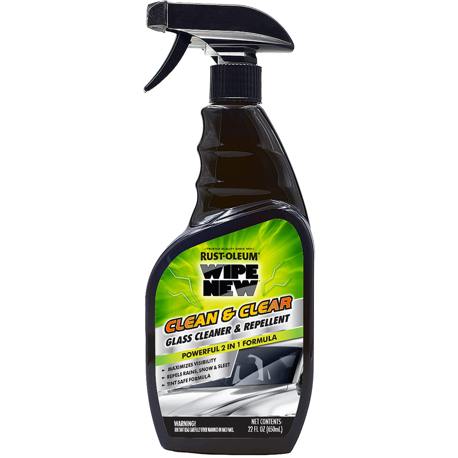 Front-facing Rust‑Oleum Wipe New Clean & Clear glass cleaner and repellent spray bottle with green label and trigger sprayer.