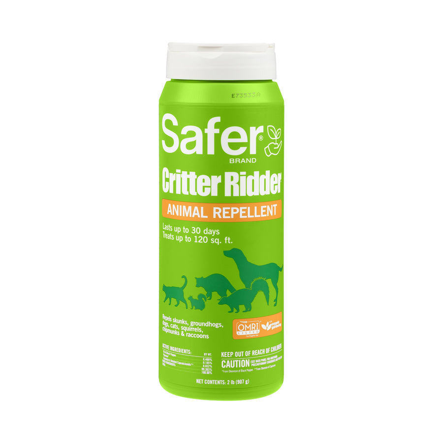 Tall green Safer Brand Critter Ridder animal repellent granules bottle with white cap and pet silhouettes on label