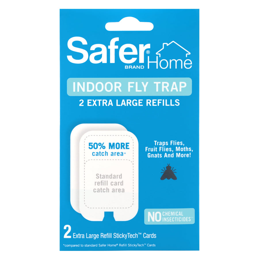 Blue retail card packaging for Safer Home Indoor Fly Trap XL showing product name and two extra large refill cards illustration