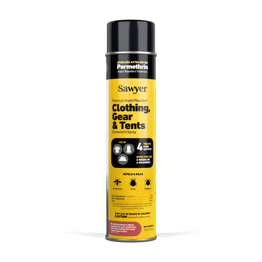 Tall yellow and black Sawyer Permethrin aerosol can labeled 'Clothing, Gear & Tents' on a white background