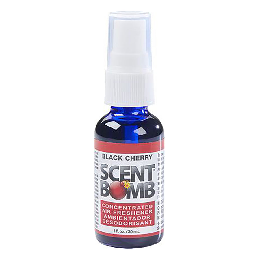 Small blue spray bottle labeled Scent Bomb Black Cherry concentrated air freshener on white background